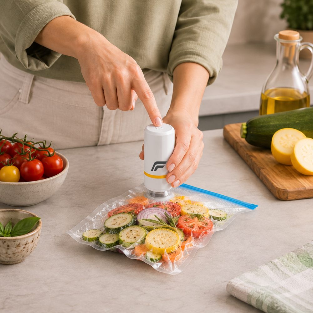 FreshLock™ Selladora al Vacío Portátil + Kit de Bolsas Reutilizables